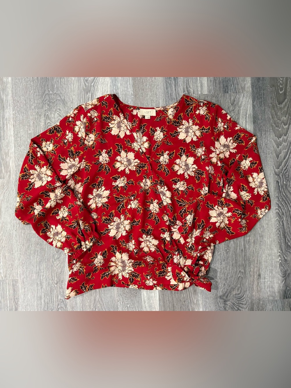 LOFT Women’s S Red Floral V-Neck Long Sleeve Wrap Tie Blouse